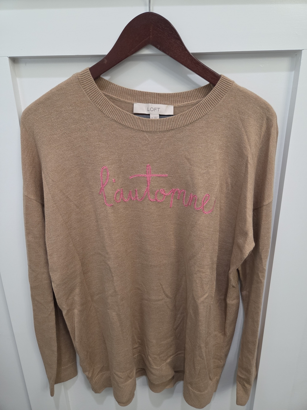 LOFT Beige Sweater with Pink Script Embroidery